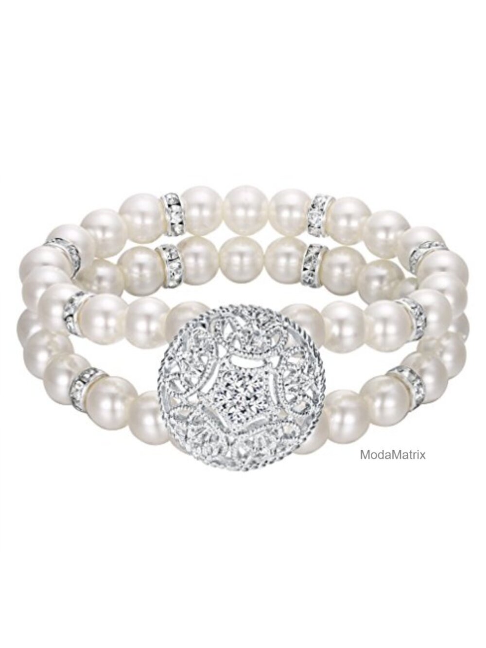 Crystal Simulated Pearl Floral Stretch Bracelet, 2 Rows, Bridal Prom Jewelry